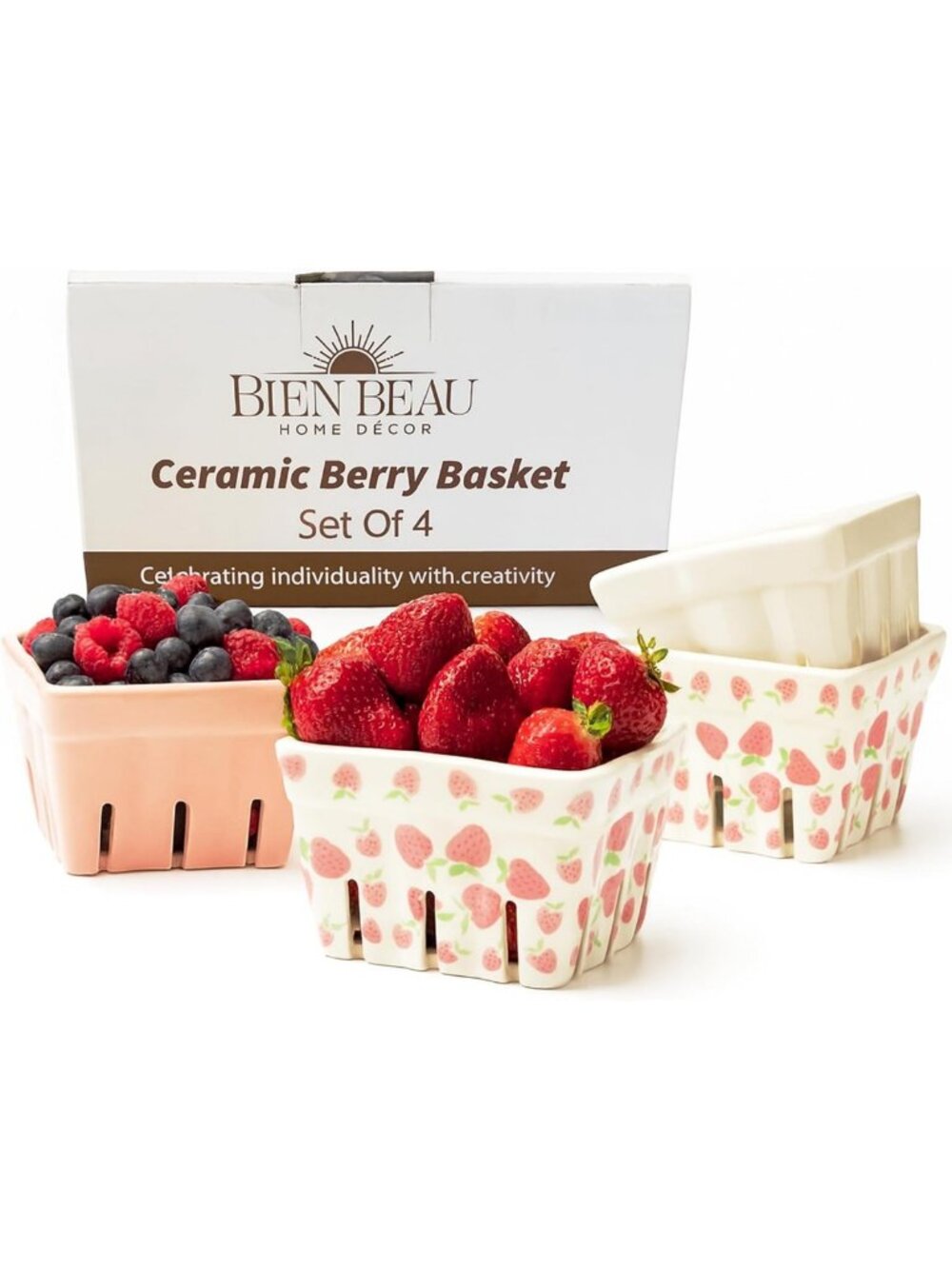 Farmhouse Ceramic Berry Basket Set of 4, Cute Strawberry Fruit Bowls & Colander